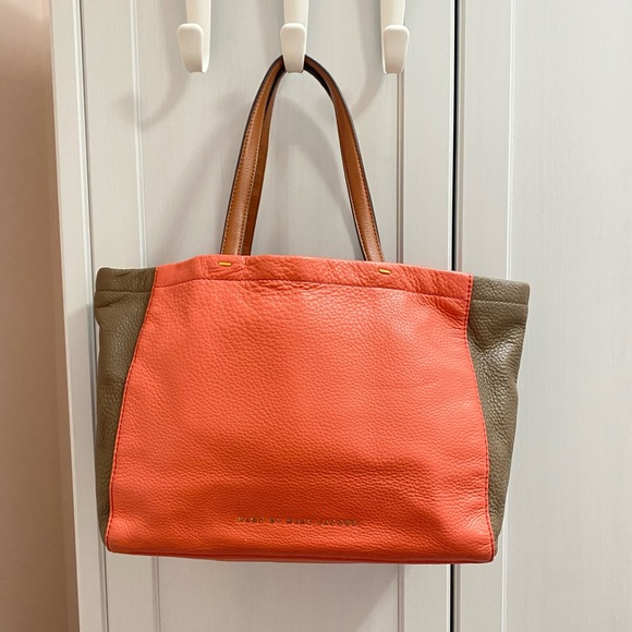 Marc By Marc Jacobs Handbags - Marc by Marc Jacobs Coral and Brown Pebbled Leather Tote